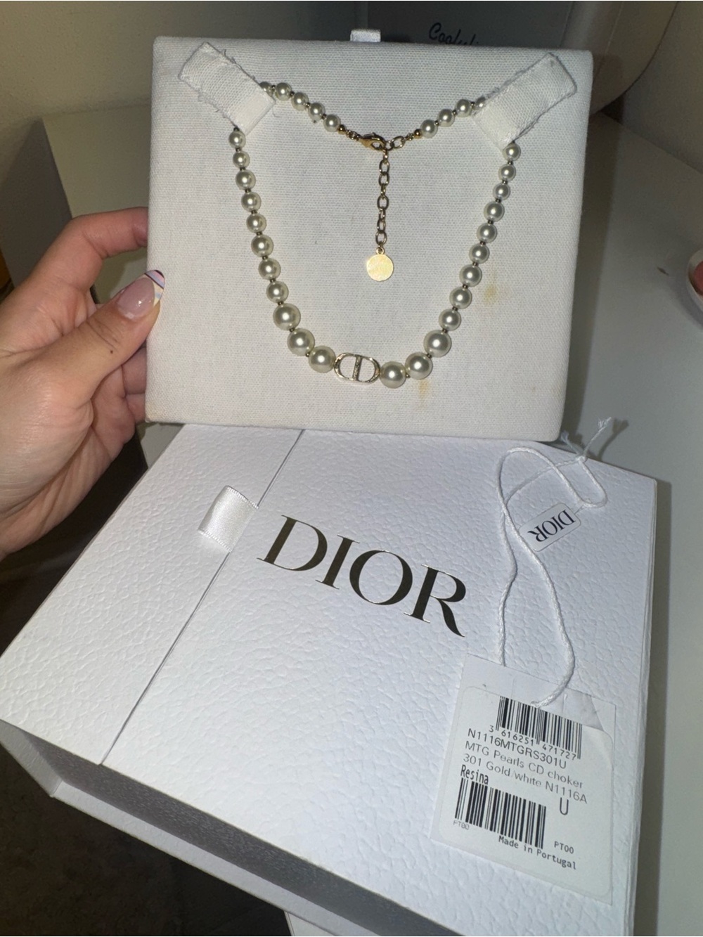 Dior Pearl Choker Necklace with Gold Logo Charm
